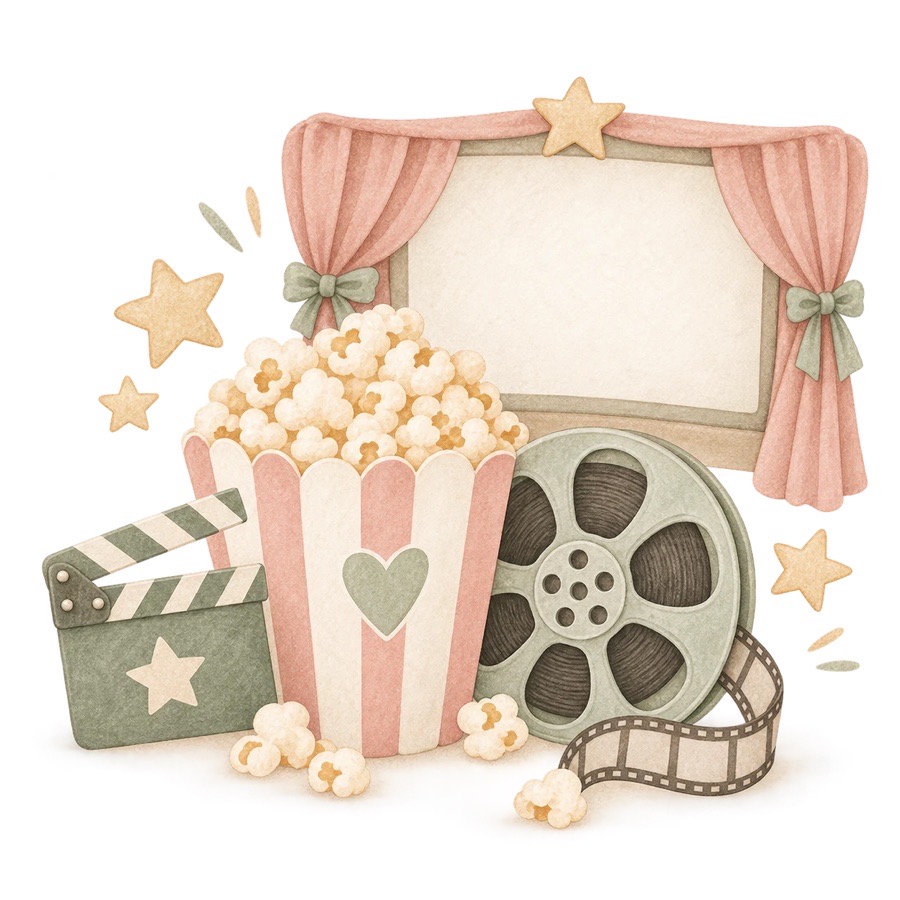Geïllustreerde bioscoop met popcorn, filmrol en een bioscoopdoek