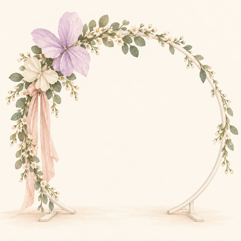 Illustratie van een klein rond bloemenboogje met linten en een lila bloem, voor op de tafel