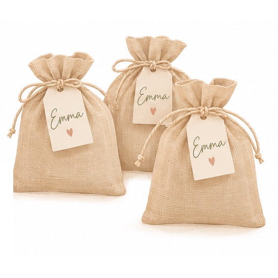 Drie jute cadeauzakjes met een kaartje eraan met de naam van de jarige en een hartje