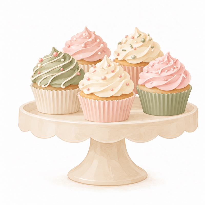 Illustratie van vijf cupcakes in pastelkleuren op een taartstandaard