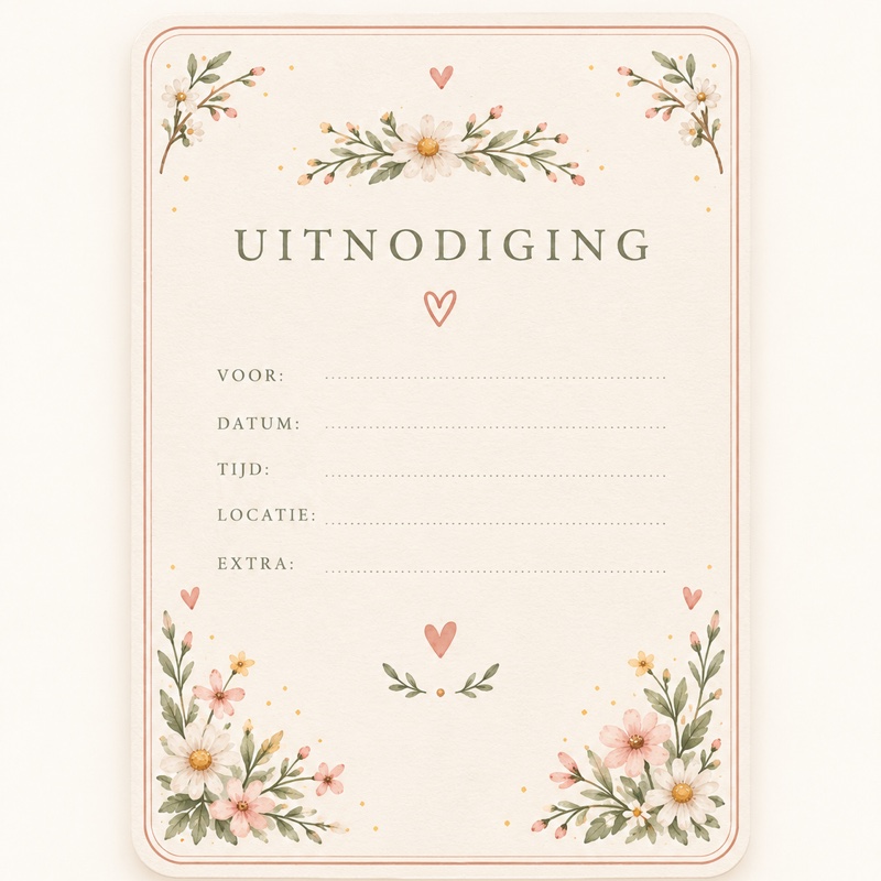 Illustratie van een uitnodiging met een bloemenrand en invulregels