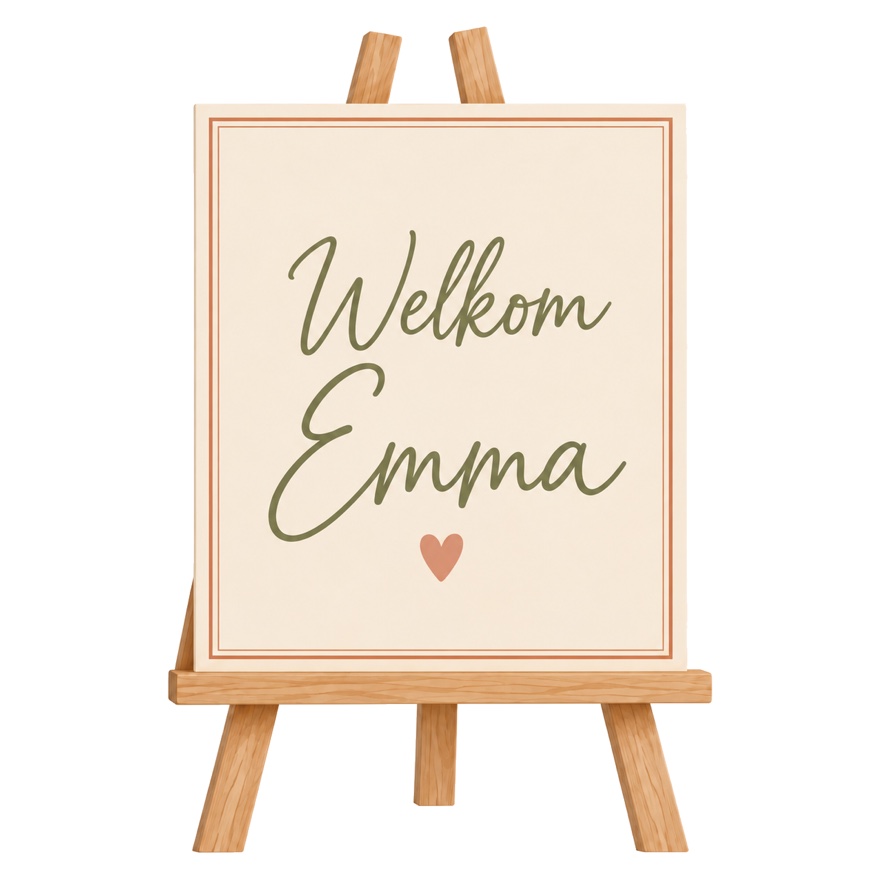 Welkomstbord op een houten ezel met de naam van de jarige erop