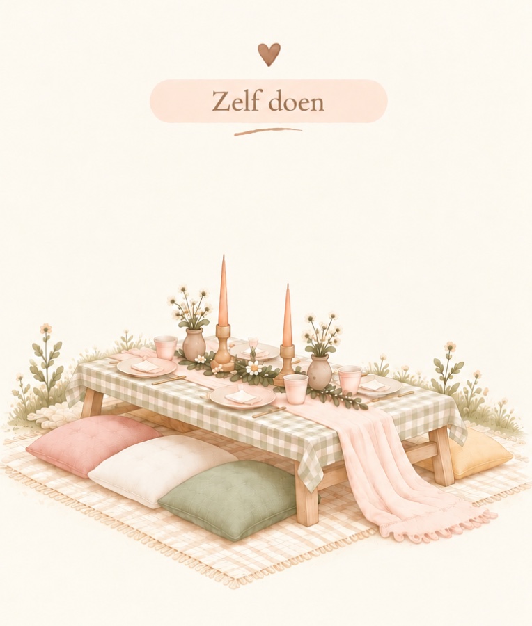 Illustratie van het pakket Zelf doen: de lage picknicktafel met picknickkleed, kussens in pastel en botanische tafelstyling