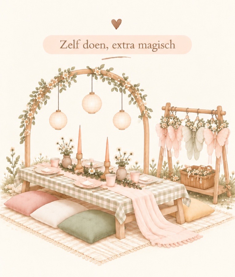 Illustratie van het pakket Zelf doen, extra magisch: dezelfde tafel met daarbij een bloemenboog met lampionnen en een rek vol feeënvleugels